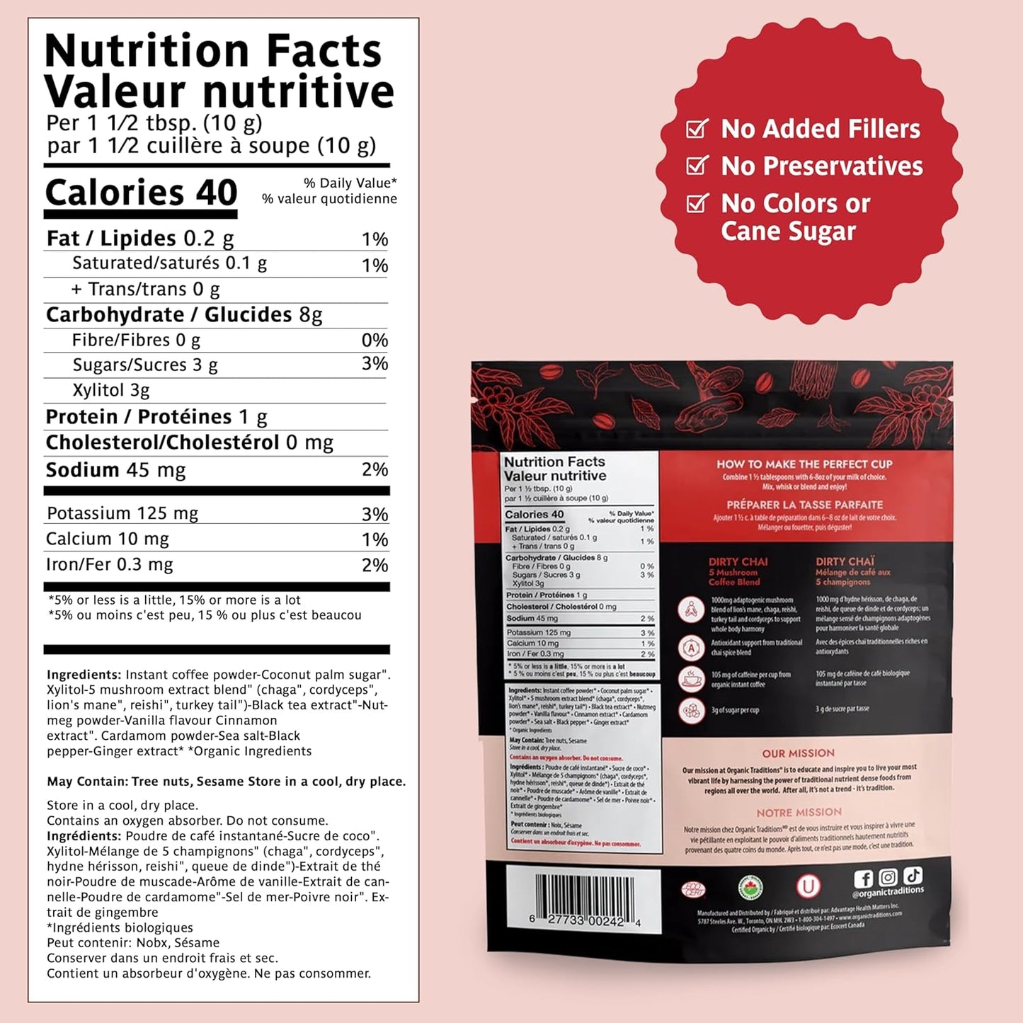 Organic Traditions Dirty Chai 蘑菇咖啡,加拿大制造,速溶 5 种混合蘑菇咖啡有机适应原拿铁,采用白桦茸、冬虫夏草、灵芝、狮鬃菇和火鸡尾制成,100 克/3.5 盎司袋装。