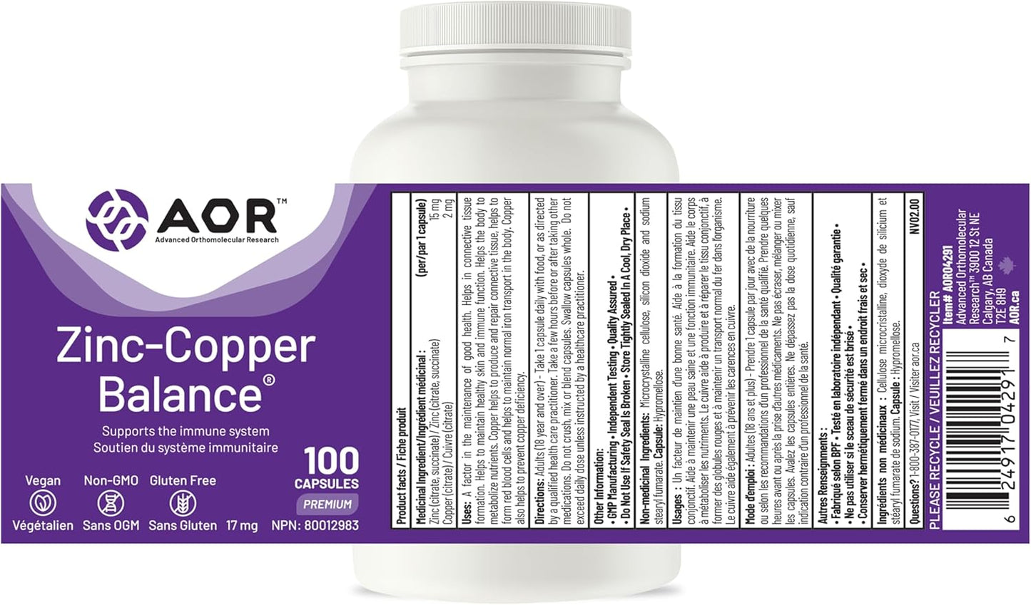 AOR - 锌铜平衡胶囊 100 粒,100 天供应量 - 两种关键矿物质的均衡比例,有益于整体健康 - 柠檬酸锌和铜补充剂 - 男士理想选择