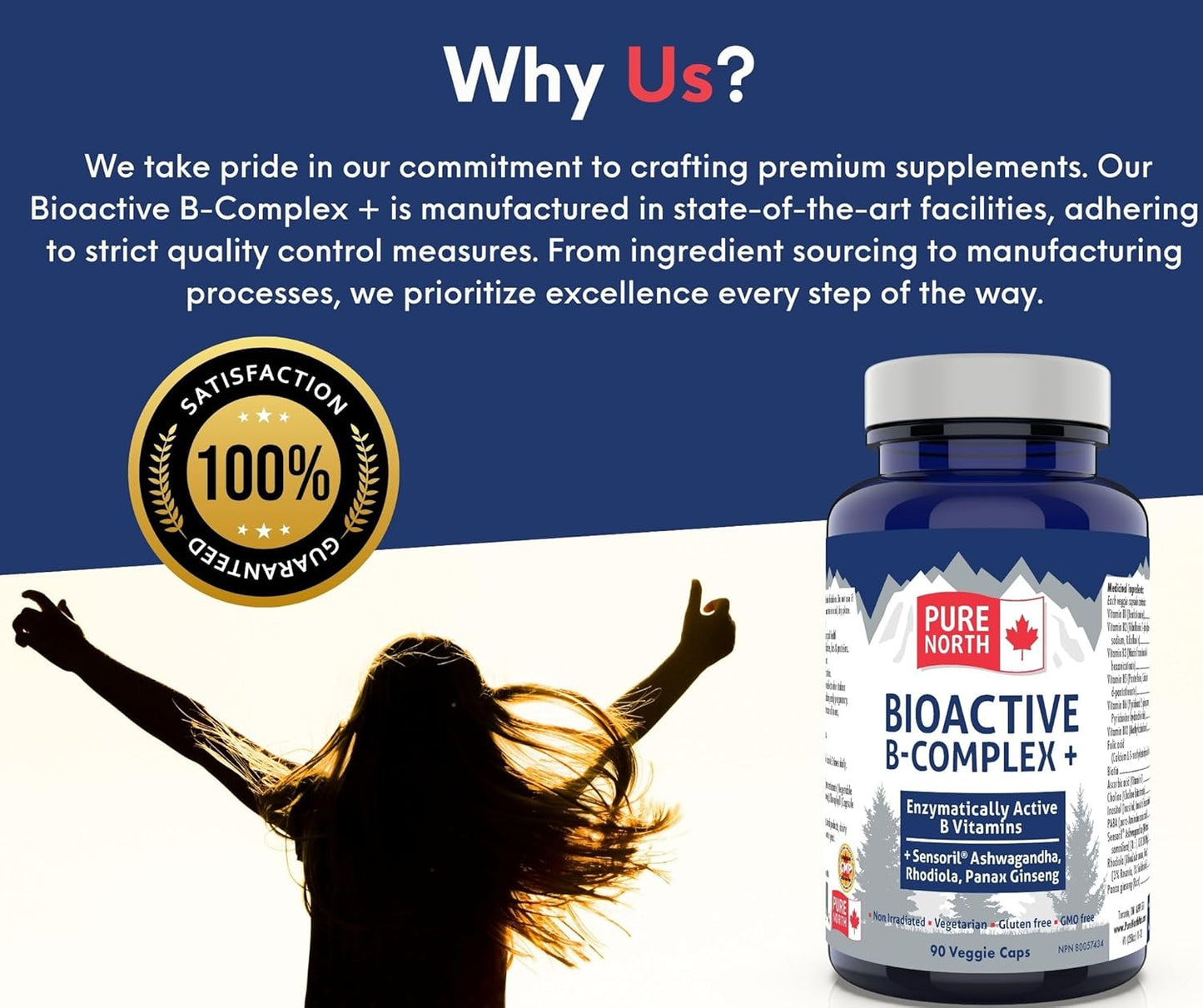Pure North Naturals - 生物活性 B 族维生素补充剂 90 粒胶囊,30 天用量 - 酶活性 Sensoril 南非醉茄、红景天、人参 - 经第三方测试 - 加拿大配制和制造
