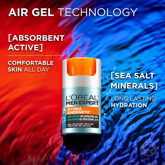 L'Oréal Paris Men Expert Anti-Fatigue 24H Moisturising Gel, Anti Shine & Oil Control Daily Moisturizer for Men, Hydra Energetic, 50ml