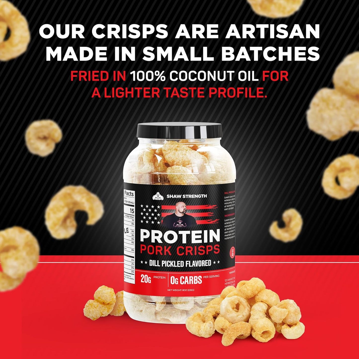 Shaw Strength Protein 猪皮(莳萝泡菜味,8盎司);专为世界最强壮男人 Brian Shaw 研发,生酮友好,高蛋白,无碳水化合物,全天然,椰子油炸