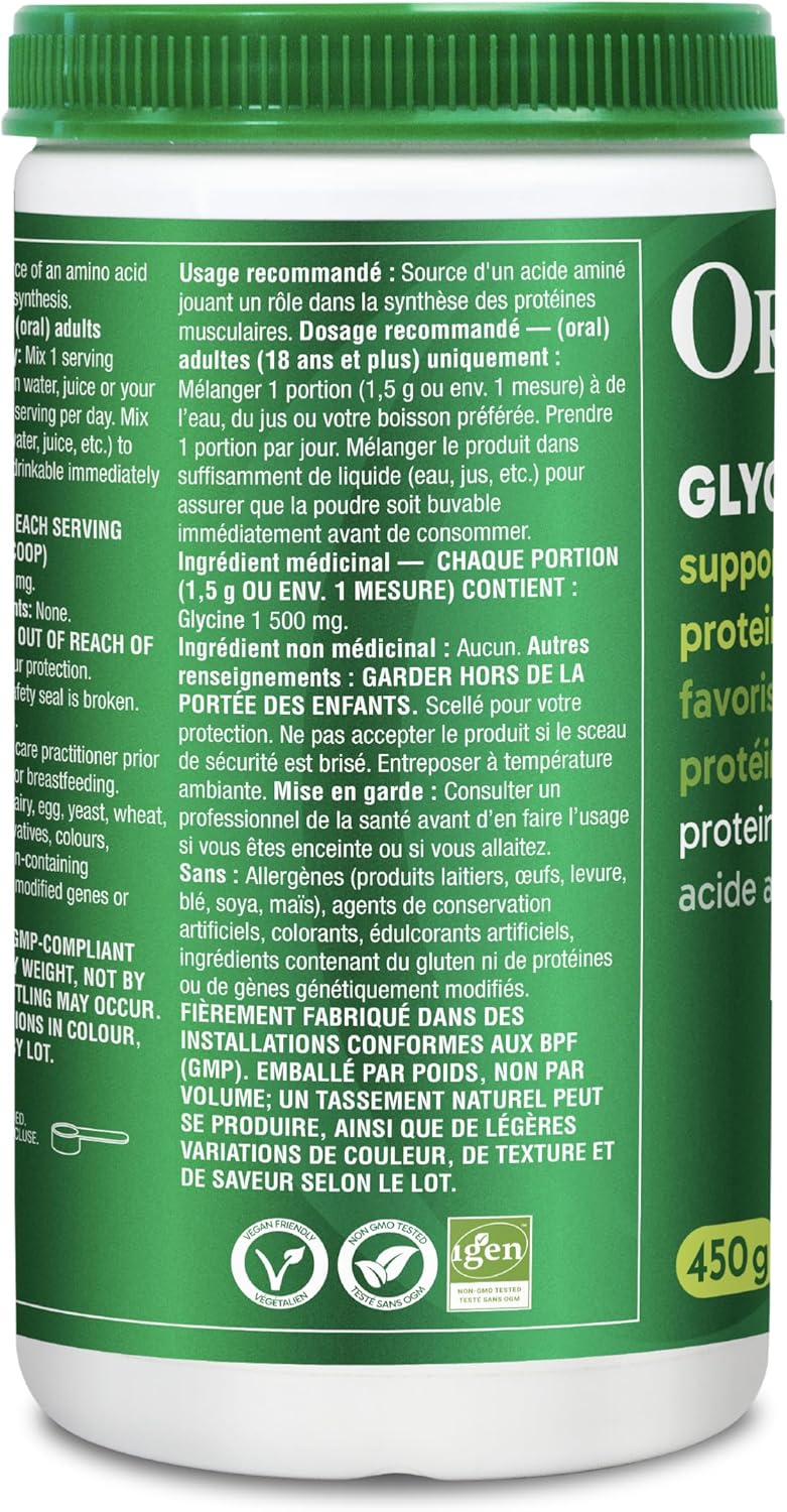 Organika Canadian-Made Glycine Powder - Proteinogenic Amino Acid - Aids Protein Synthesis, Collagen Formation, Joint and Muscle Health, Calming Effect - 450g