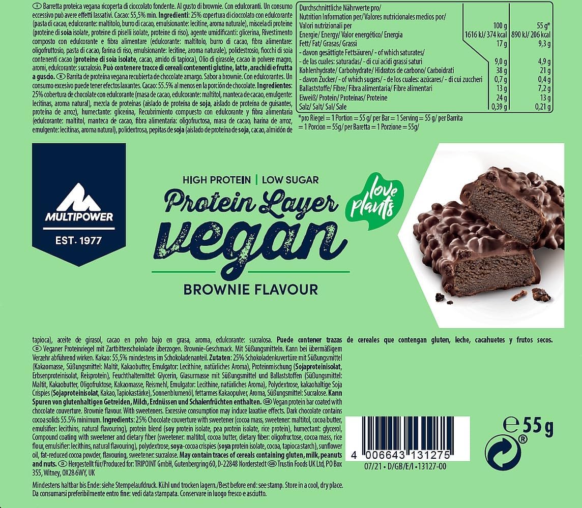 Multipower 纯素蛋白棒 - 布朗尼口味 - 植物基高蛋白零食 - 55克(15包)