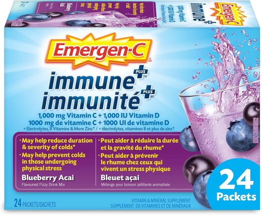 Emergen-C Immune+ 1000毫克维生素C粉剂补充剂,饮料混合物,免疫系统增强剂,蓝莓巴西莓味,24包