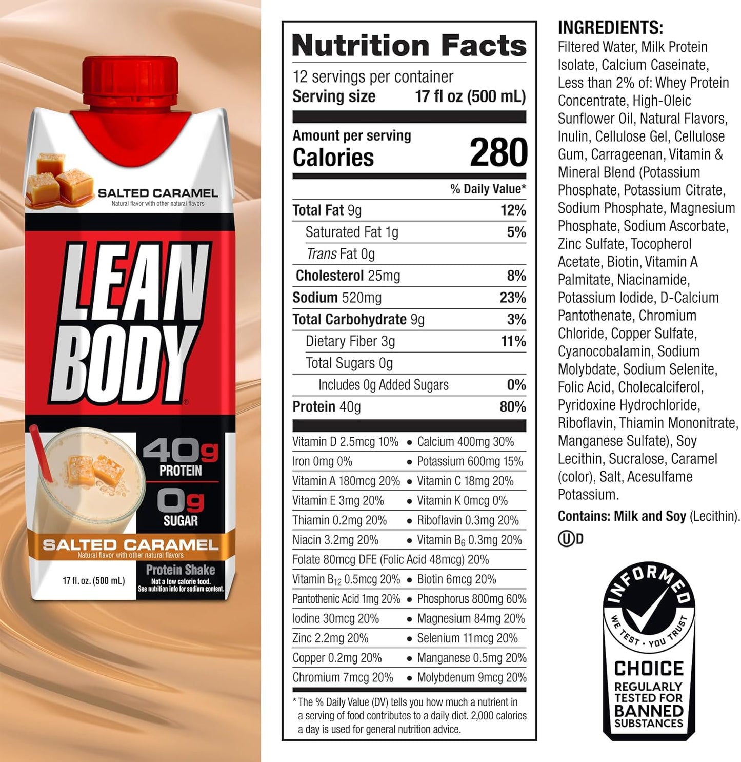 Labrada Lean Body Ready-To-Drink Shake 17-Ounce Salted Caramel, 12-Count