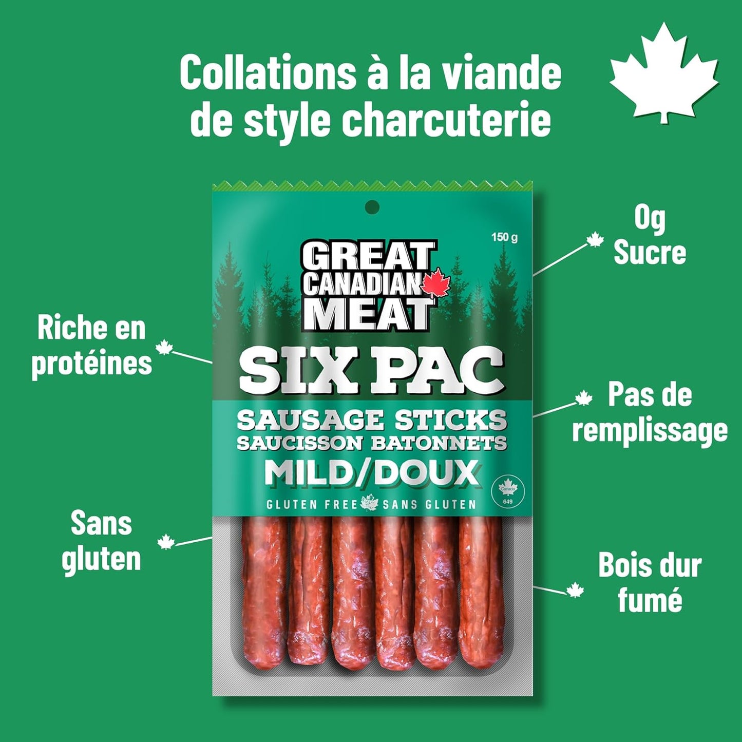 淡味烟熏香肠条 - 4 包,每包 4 x 150 克,Great Canadian Meat 出品,肉类零食,散装香肠条盒,适合肉食爱好者。零食之选,古饮食法,无麸质,高蛋白