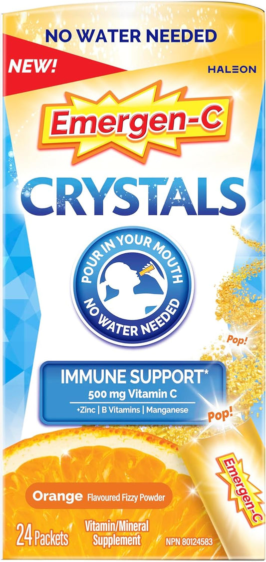 Emergen-C Crystals 便攜式免疫支持補充劑,含維生素 C、鋅、B 群維生素和錳,橙味,24 包