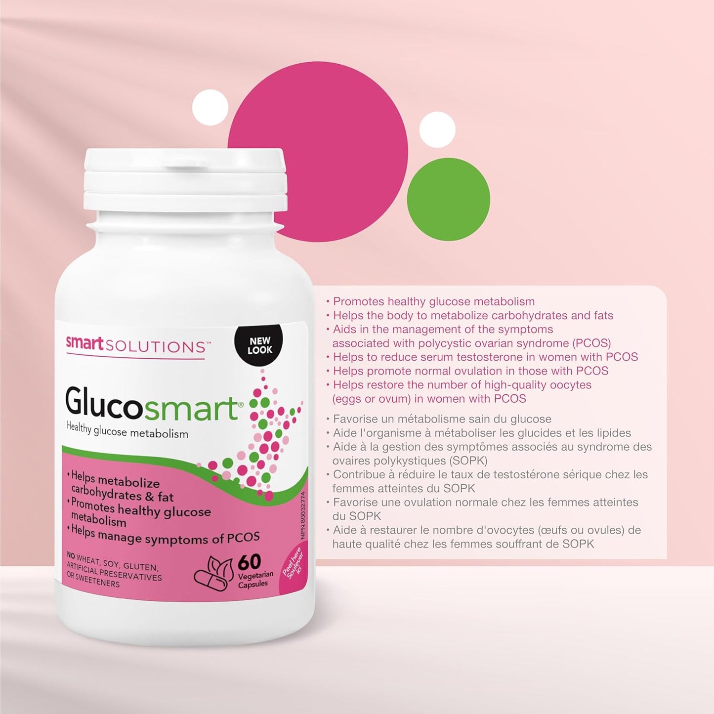 Smart Solutions Glucosmart 膠囊,促進健康的血糖代謝,幫助控制多囊性卵巢症候群 (PCOS) 症狀。含 600 毫克 D-手性肌醇,不含麩質、大豆,不含人工防腐劑或甜味劑,60 粒裝