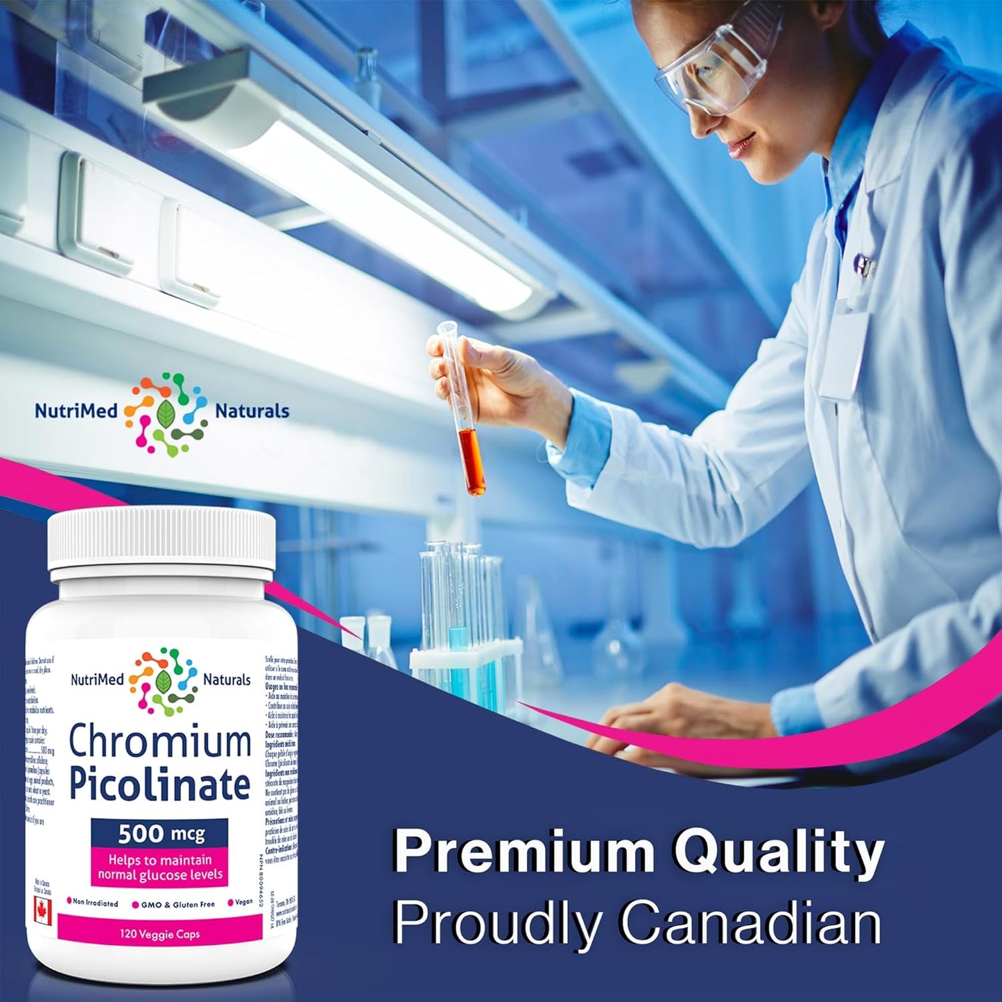 Nutrimed Naturals - Chromium Picolinate 500mcg, 120 Capsules 120-Day Supply - Glucose and Blood Sugar Support - Muscle Mass and Metabolism Support - 3rd Party Tested - Formulated & Made in Canada
