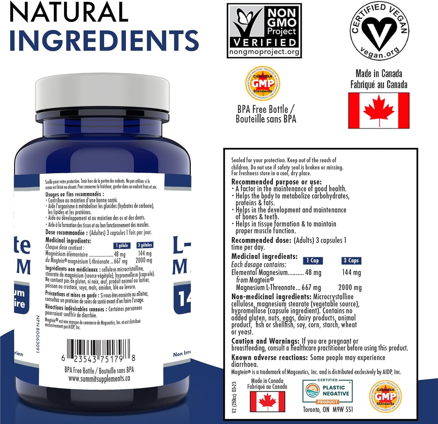 加拿大製造,抗塑膠污染 - Magtein L-蘇糖酸鎂 125 粒素食膠囊,41 天用量 - 促進大腦健康,促進健康睡眠和放鬆 - 經第三方測試 - 加拿大配方和製造