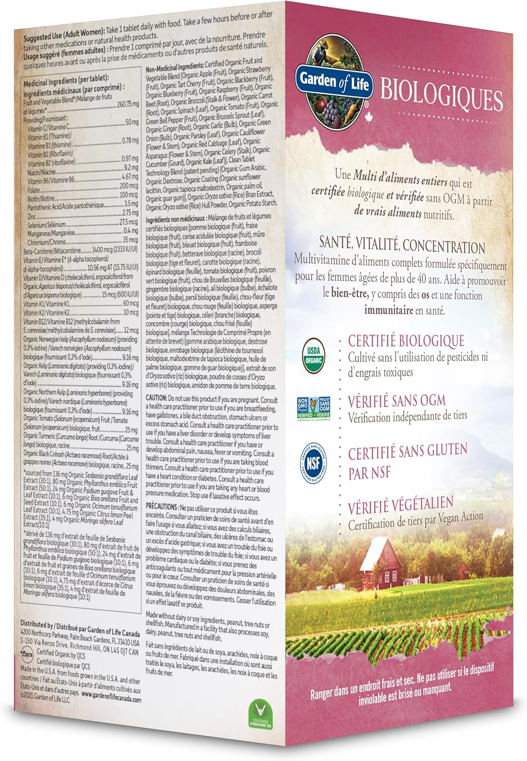 Garden of Life Organics 女士複合維生素 40+,60 片裝 | 40+ 歲女性複合維生素 | 支持免疫功能、膠原蛋白形成以及健康的骨骼、頭髮、指甲和皮膚 | 非基因改造、無麩質、純素