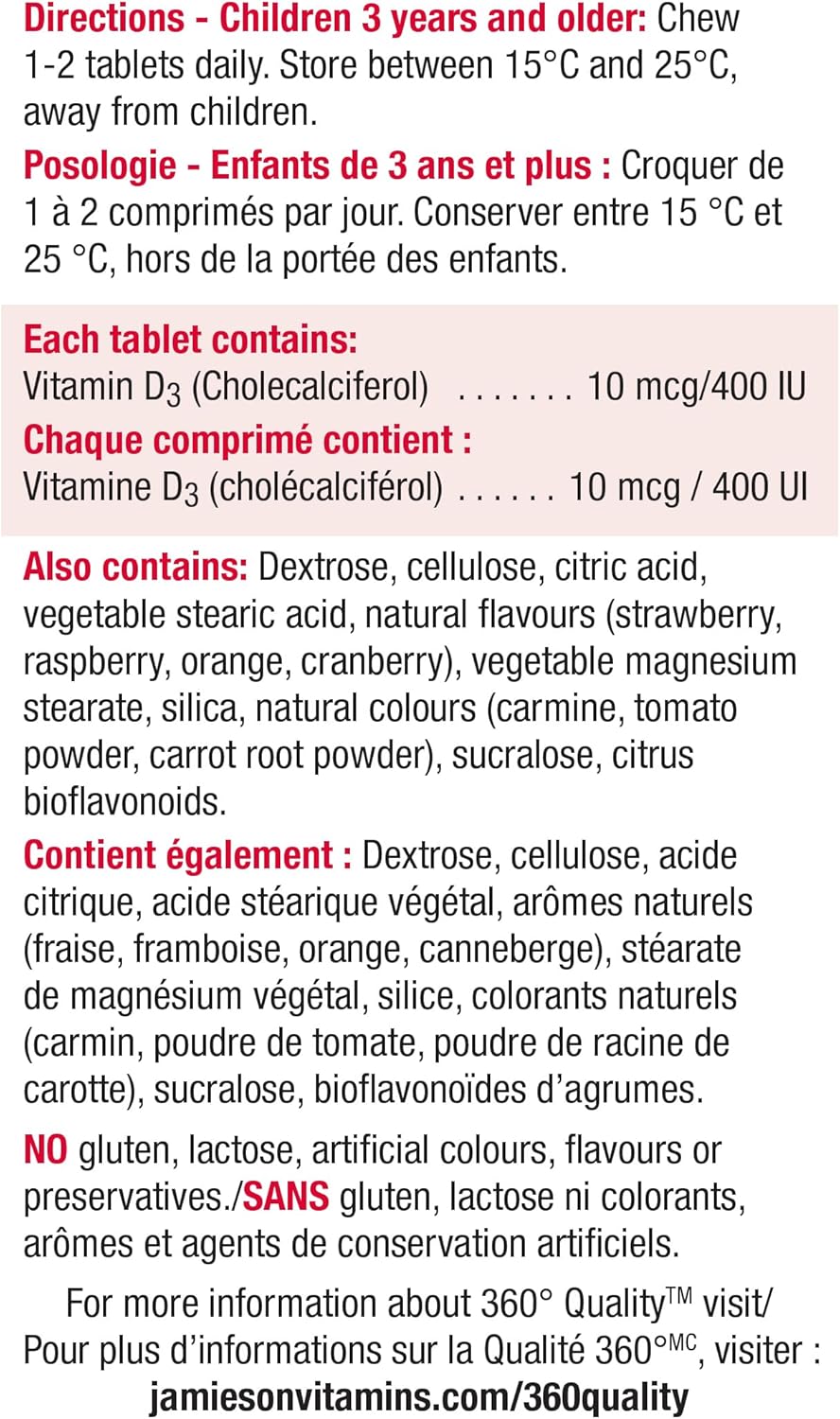 Jamieson 儿童咀嚼片维生素 D3 400 国际单位,草莓味,支持骨骼和牙齿健康发育,增强免疫力。素食,无麸质,不含人工色素、香精或防腐剂,100 粒装