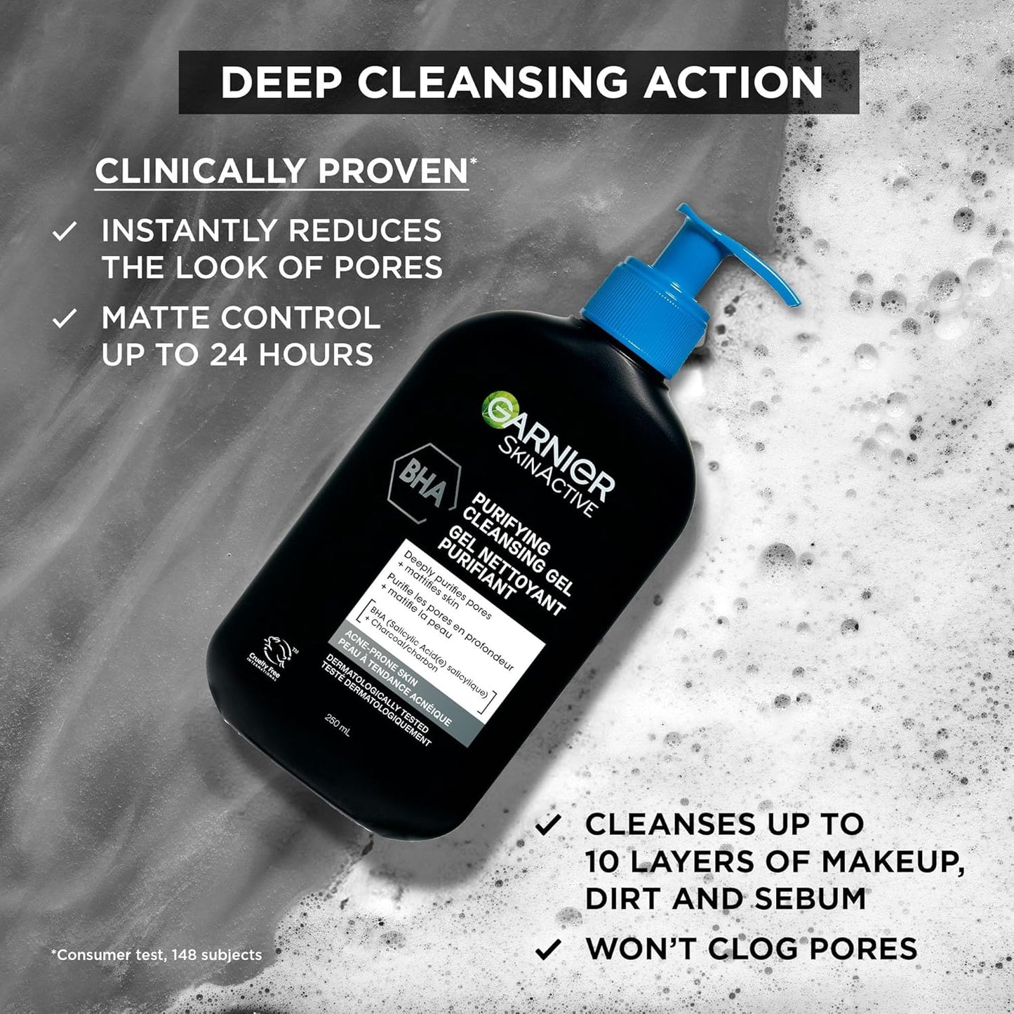 Garnier BHA Purifying Cleansing Gel with Salicylic Acid & Charcoal, Deep Pore Cleansing & Mattifying Skin Gel 250 ml