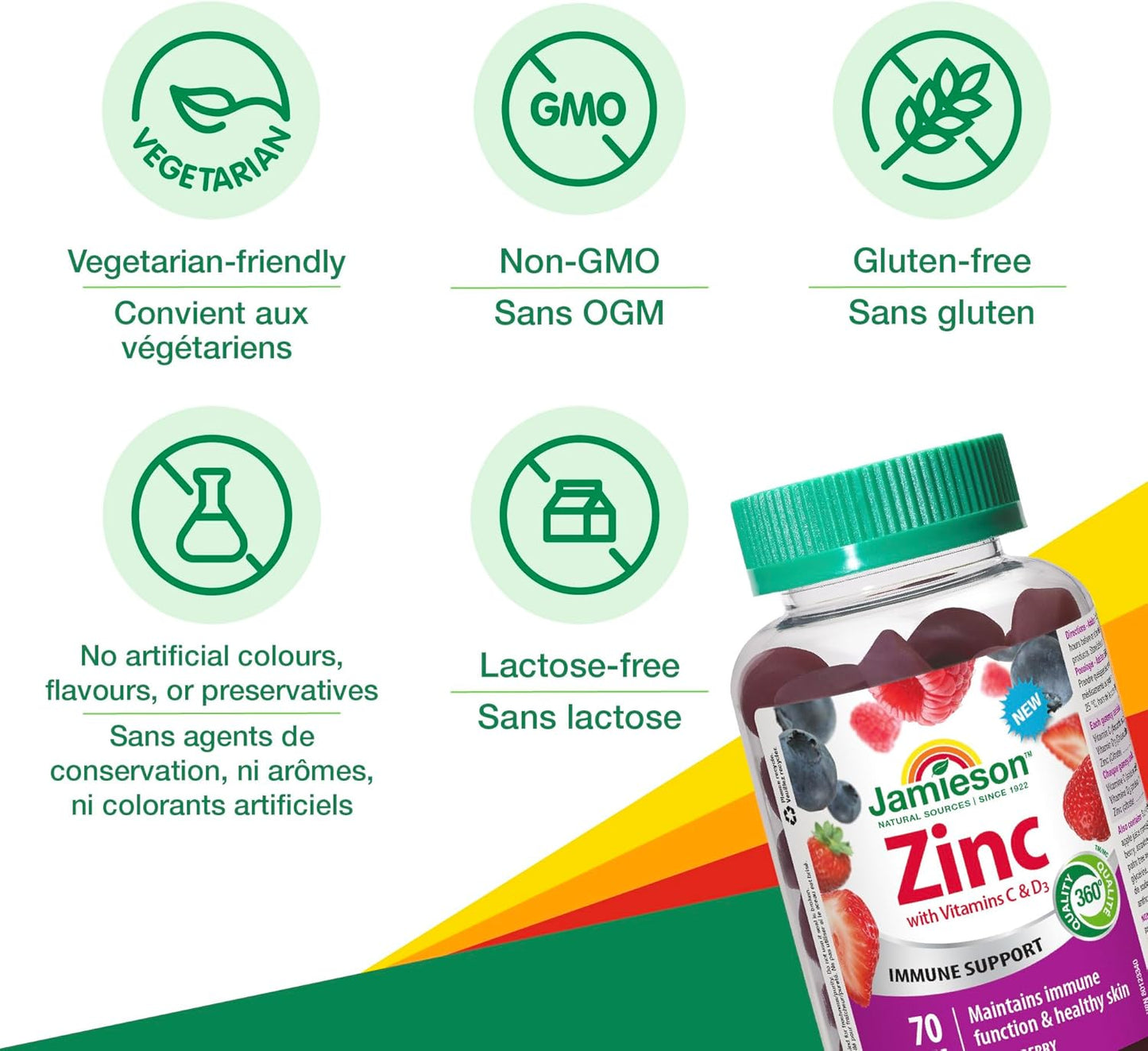 Jamieson Zinc 15 mg Gummies Mixed Berry Flavour, with 50 mg Vitamin C and 400 IU Vitamin D3, Supports Immune Health, Bone Health, Healthy Hair, Skin, and Nails. Vegetarian, Gluten-Free, No Artificial Colours, Flavours, o…