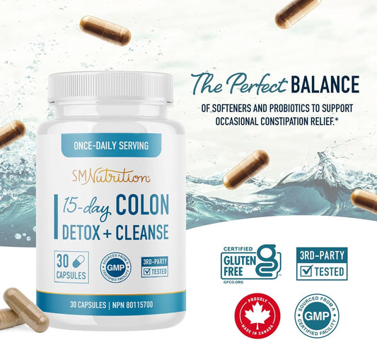15 Day Colon Cleanse & Detox | Stool Softener & Constipation Relief for Adults | Gut Health Support | Colon Detox Cleanse With Probiotics for Women & Men | Gluten-Free | By SM Nutrition | 30 Capsules