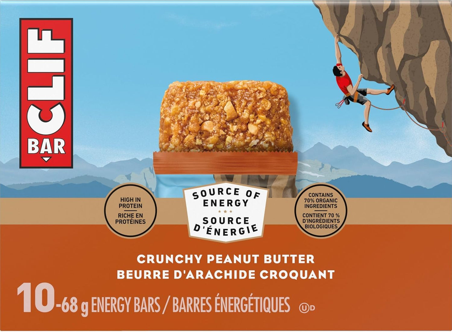 CLIF BAR 能量棒,香脆花生酱,燕麦棒,高蛋白,含 70% 有机成分,680 克(10 包)