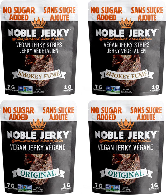 Noble Jerky Vegan Jerky 4 Pack – 2 Original & 2 Smokey Flavour, Plant-Based Protein Snack, No Sugar Added, No Preservatives, No Trans Fats, Non-GMO, 70g Bags