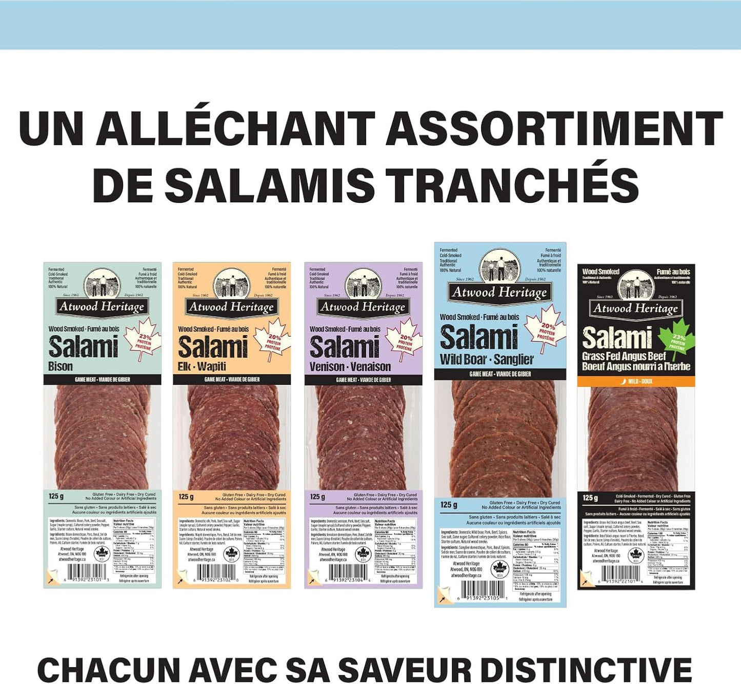 Atwood Heritage 野豬、豬肉和牛肉切片薩拉米香腸,125 克,高蛋白,無麩質,無硝酸鹽,加拿大製造
