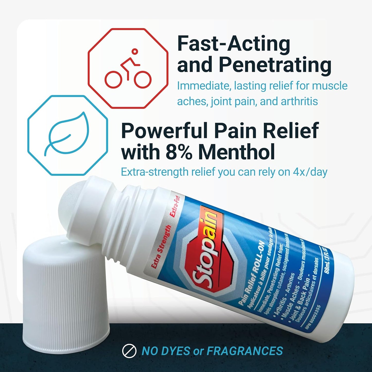 Stopain 強效止痛滾珠,快速緩解關節炎、肌肉酸痛、關節痛和背痛,不油膩,3 液體盎司(包裝可能有所不同)