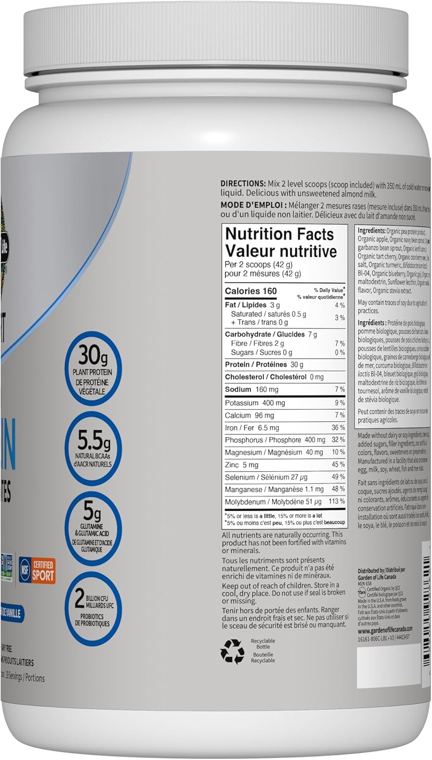 Garden of Life Sport Organic Plant Based Protein, Vanilla, 806g. Formulated with pea protein to help your body recover faster, build and repair muscle and fuel your metabolism along with Truly Clean multi-sourced plant b…