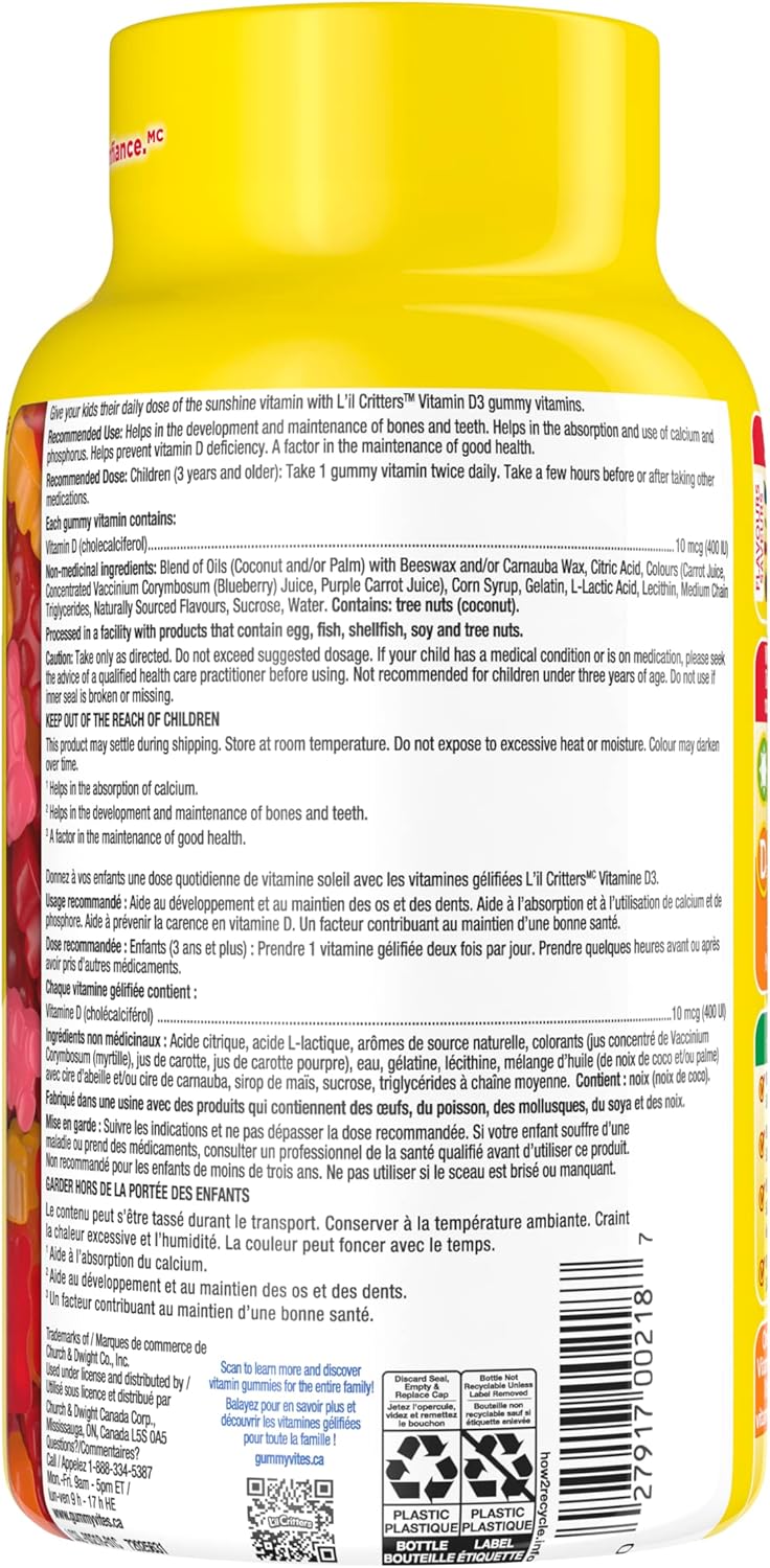 L'il Critters 兒童維生素 D3 軟糖,800 IU 維生素 D3 每日劑量,支持骨骼健康*,天然香料,190 粒(3 個月用量),包裝可能有所不同。