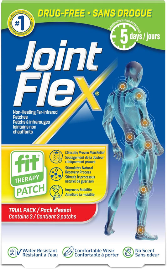 JointFlex FIT 远红外疗法贴片试用装,支持肌肉和关节的持续主动活动,每片长达 5 天,防水、不加热、无药物 - 3 片,1 片矩形/2 片圆形