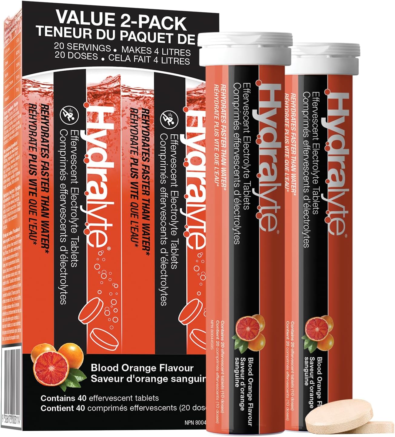 Hydralyte 电解质片 | 血橙味电解质 | 锻炼前和锻炼后补水解决方案,可提高性能并最大程度地恢复 | (每份 2 片,40 片)