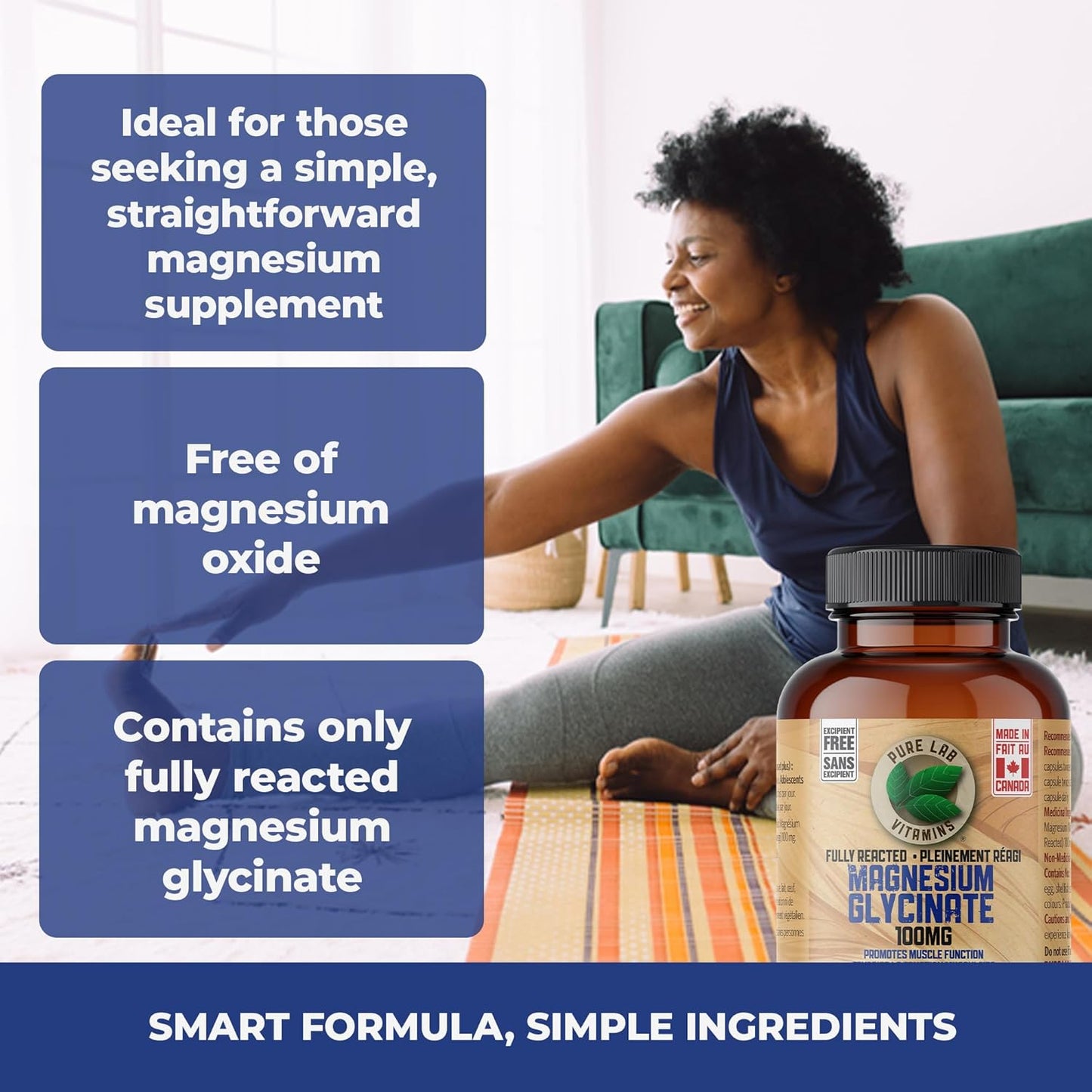 Pure Lab Vitamins 甘胺酸鎂完全反應型 100 毫克 - 60 粒膠囊 - 支持肌肉功能