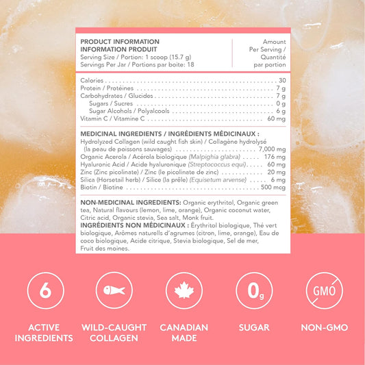 Sproos Beauty 胶原蛋白 | 水解胶原蛋白粉 + 生物素、透明质酸、锌 | 增强型胶原蛋白肽粉,柑橘绿茶口味,桶装,283 克