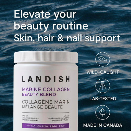 Landish 海洋膠原蛋白美容混合肽粉 - 野生海洋膠原蛋白、透明質酸、生物素、海水鎂和維生素 C - 皮膚、頭髮和指甲支持 - 可飲用的護膚品 - 快速溶解 - 加拿大製造 - 3…