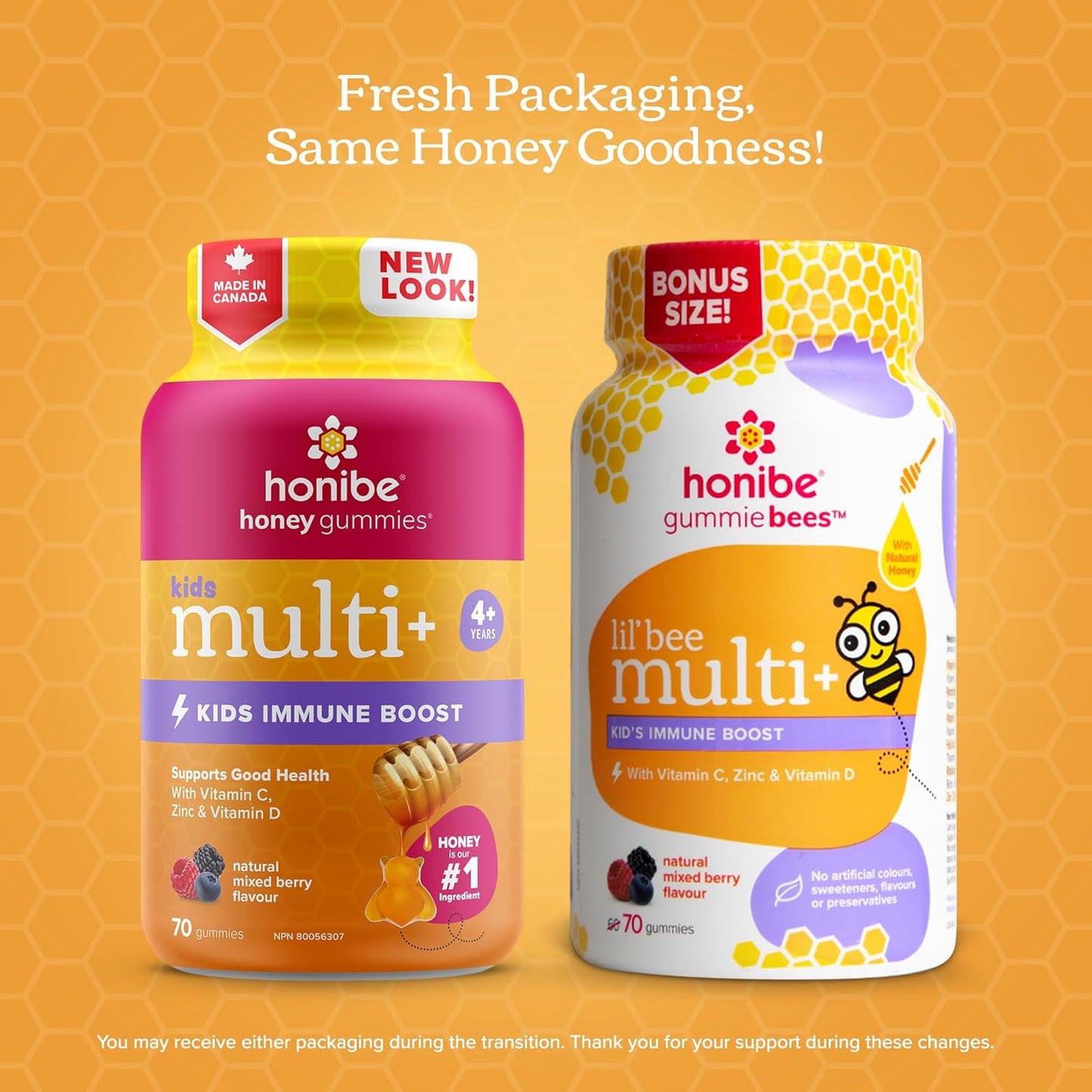 Honibe 兒童複合維生素軟糖,增強免疫力 | 加拿大製造蜂蜜維生素 | 兒童咀嚼軟糖維生素 | 兒童素食維生素軟糖 | 兒童鋅維生素小蜜蜂軟糖 | 70 粒軟糖