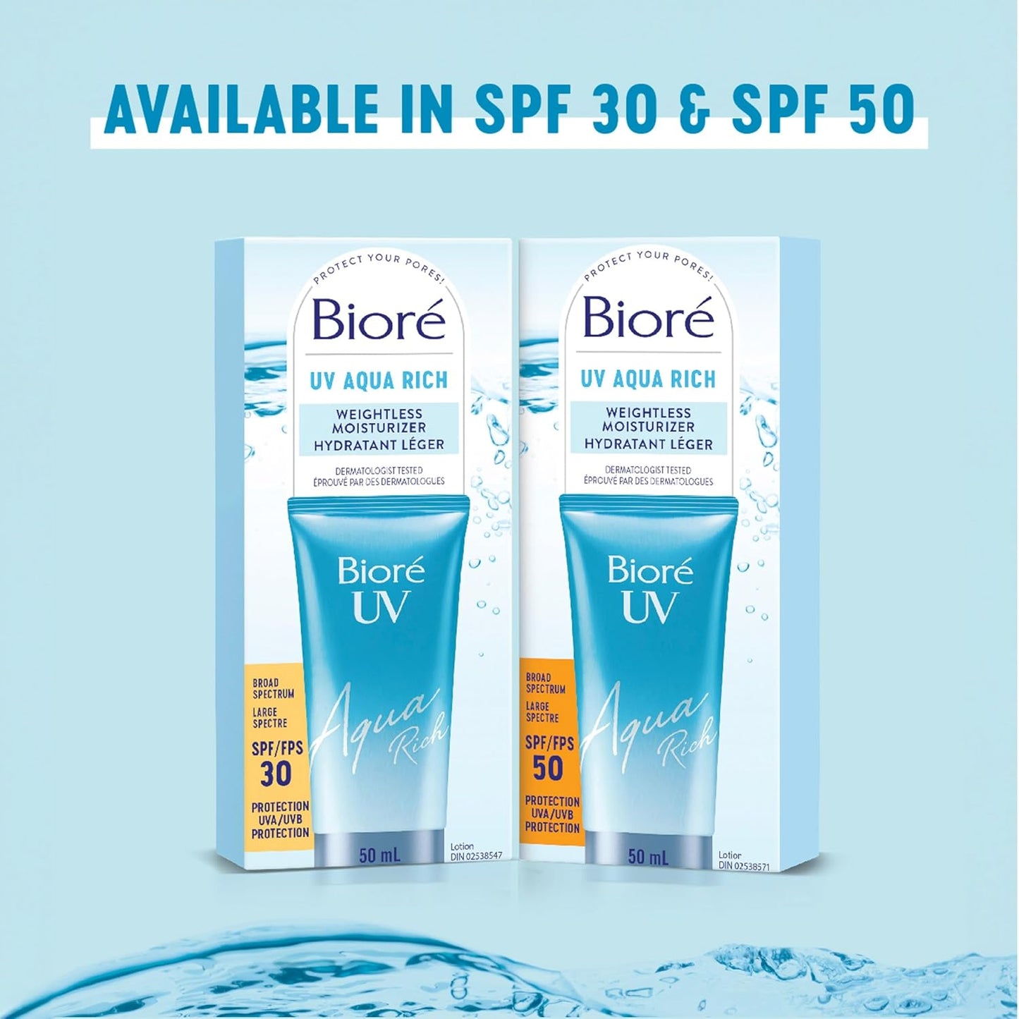 Bioré UV Aqua Rich 轻盈保湿霜(SPF 30)| 经皮肤科医生测试,具有隐形紫外线防护功能的面霜 | 50毫升 | 加拿大制造