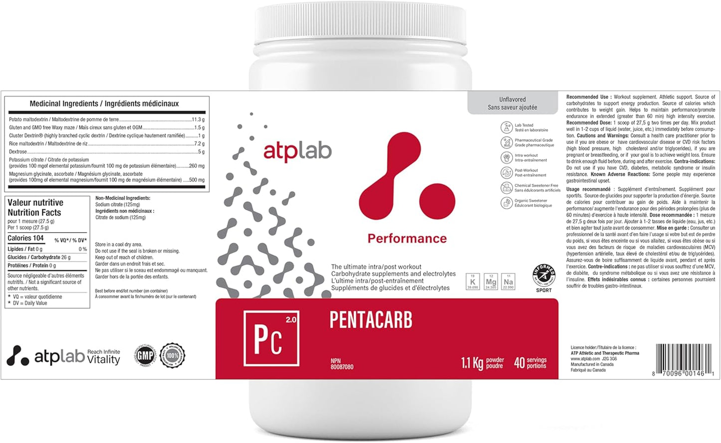 ATP LAB Pentacarb 1.1kg 无味粉 40 份 - 碳水化合物和电解质 - 支持性能、能量和耐力 - 非常适合锻炼后恢复 - 易于混合的配方,适合积极的生活方式