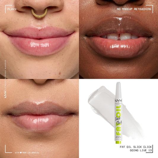 NYX 專業彩妝 Fat Oil Slick Click,潤唇膏,12 小時保濕,注入滋養油,高光澤效果,可疊加顯色,色號:Going Live(透明色)