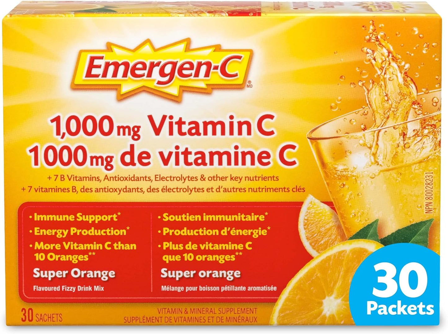 Emergen-C® 超级橙子(30 粒),1000 毫克维生素 C/电解质/B 族维生素矿物质补充剂