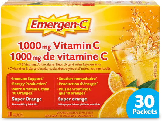 Emergen-C® 超級柳橙(30 顆),1000 毫克維生素 C/電解質/B 群維生素礦物質補充劑