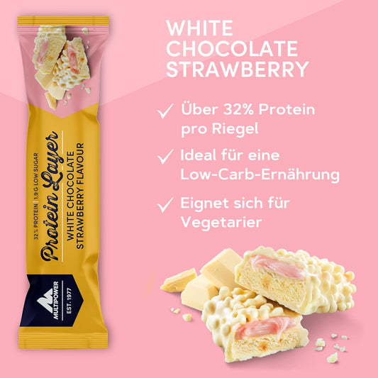 Multipower Protein Layer Bar - White Chocolate Strawberry Flavor - High-Protein Multi-Layer Snack - 50g Bars (18 Pack)