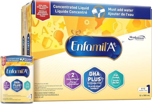 Enfamil A+ 嬰兒配方奶粉,含促進大腦發育的 DHA,濃縮液,適合年齡 0-12 個月,385 毫升 x 12 罐
