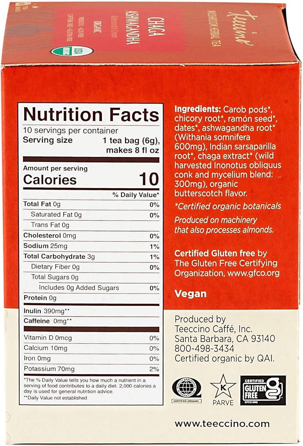 Teeccino 蘑菇适应原茶 - 白桦茸南非醉茄法式烘焙草本茶,采用野生白桦茸和阿育吠陀南非醉茄根,增强免疫力,10 个茶包