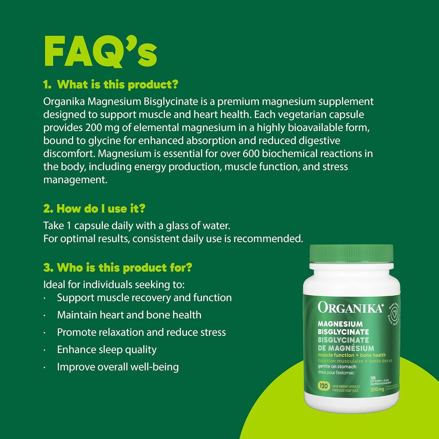 Organika 加拿大製造雙甘氨酸鎂 - 200 毫克,高吸收率,肌肉恢復,心臟支持,120 粒膠囊