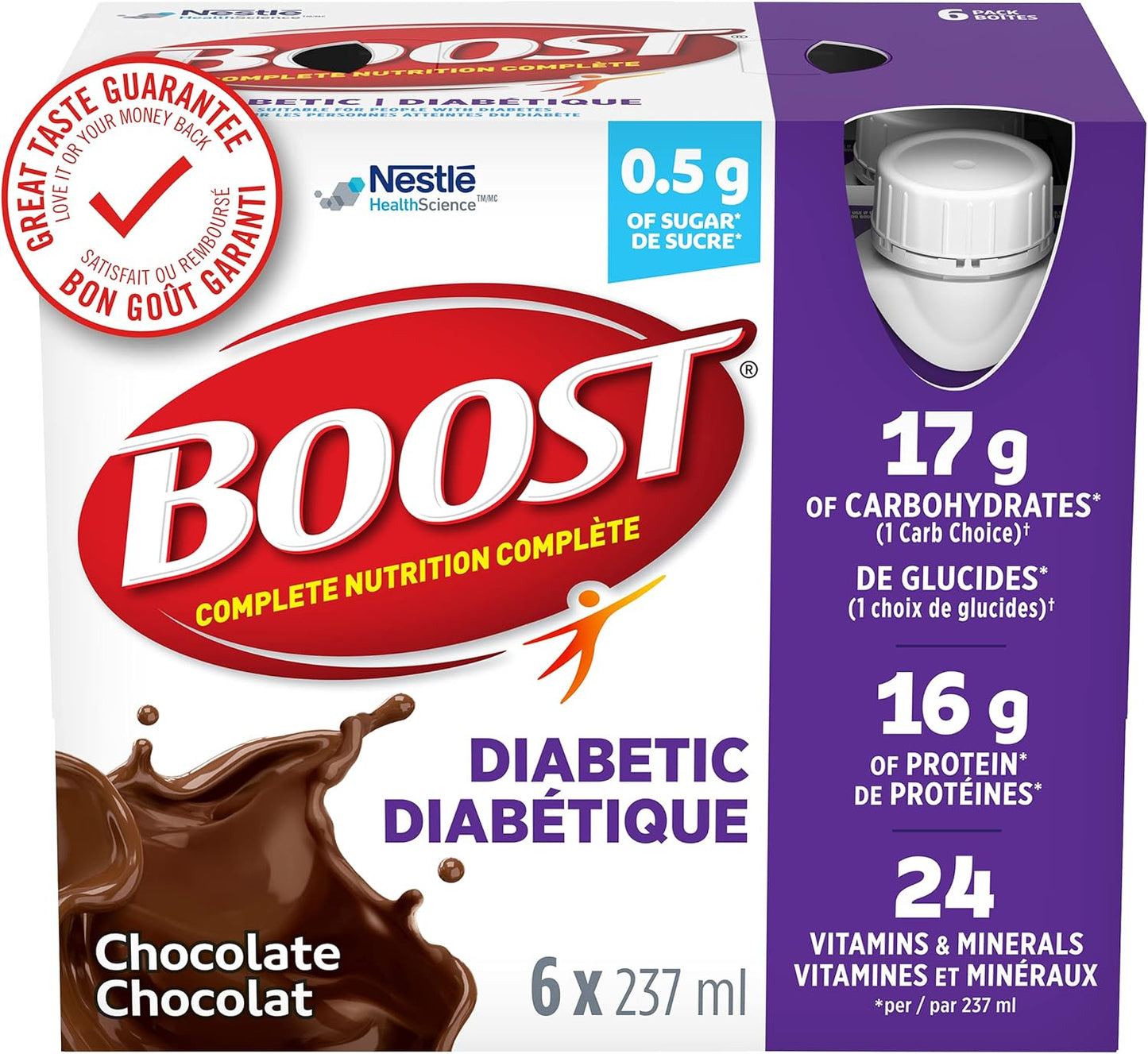 BOOST Diabetic Nutritional Supplement, Chocolate, 24 x 237 ml & BOOST Diabetic Nutritional Supplement, Strawberry, 24 x 237 ml & BOOST Diabetic Nutritional Supplement, Vanilla, 4 six-packs of 237ml