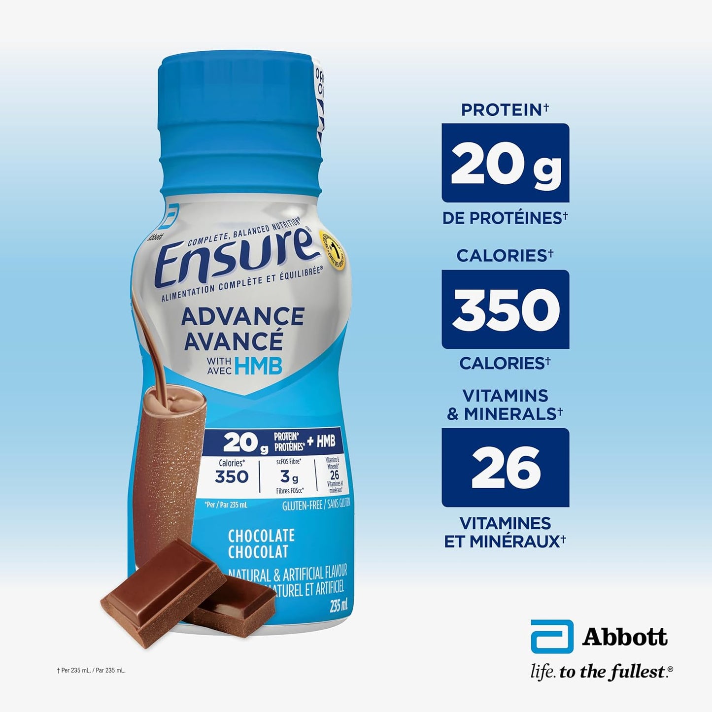 Ensure Advance,代餐奶昔,蛋白质奶昔,含 20 克蛋白质,有助于增强肌肉,巧克力味,4 x 235 毫升瓶装