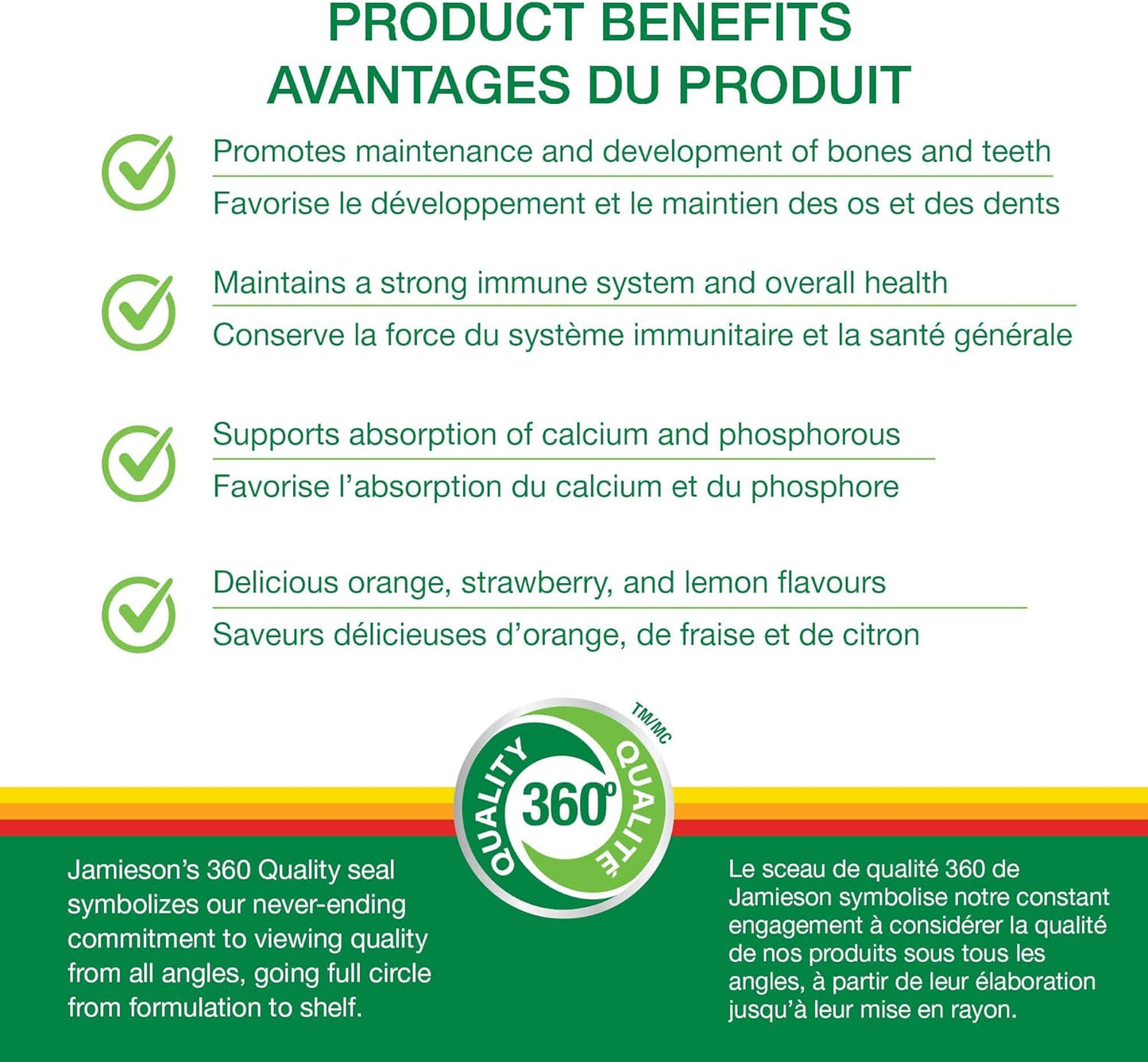 Jamieson 维生素 D3 1,000 IU 软糖,橙子、柠檬和草莓口味,支持免疫健康,强健骨骼和牙齿。素食,非转基因,无麸质,无人工香料或色素,130 粒,加拿大制造