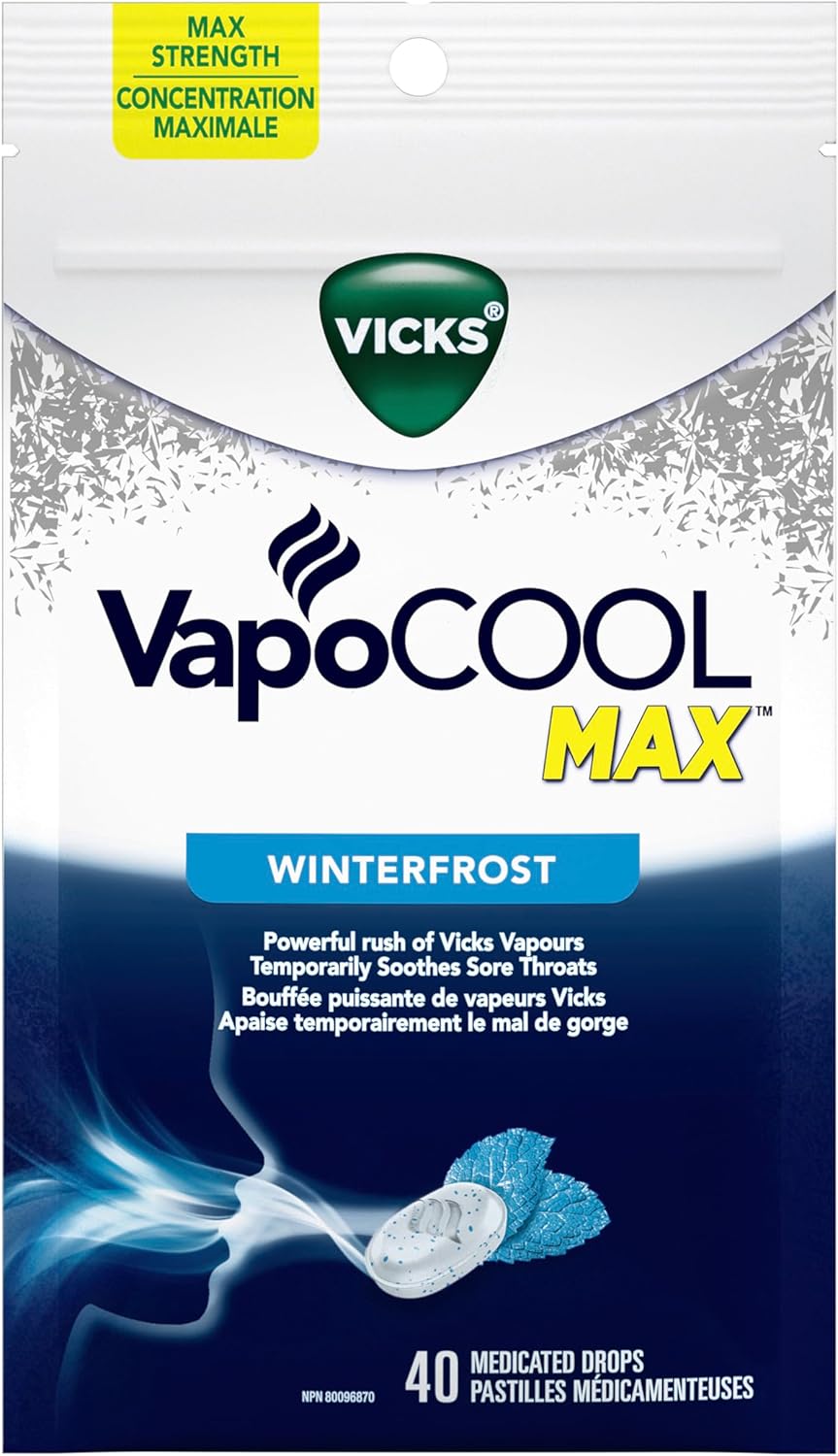 Vicks VapoCOOL Max 藥用滴劑,用於暫時緩解咳嗽和咽喉痛 & VapoCOOL Max 藥用滴劑,用於暫時緩解咳嗽和咽喉痛,蜂蜜檸檬冰鎮口味,40 粒裝