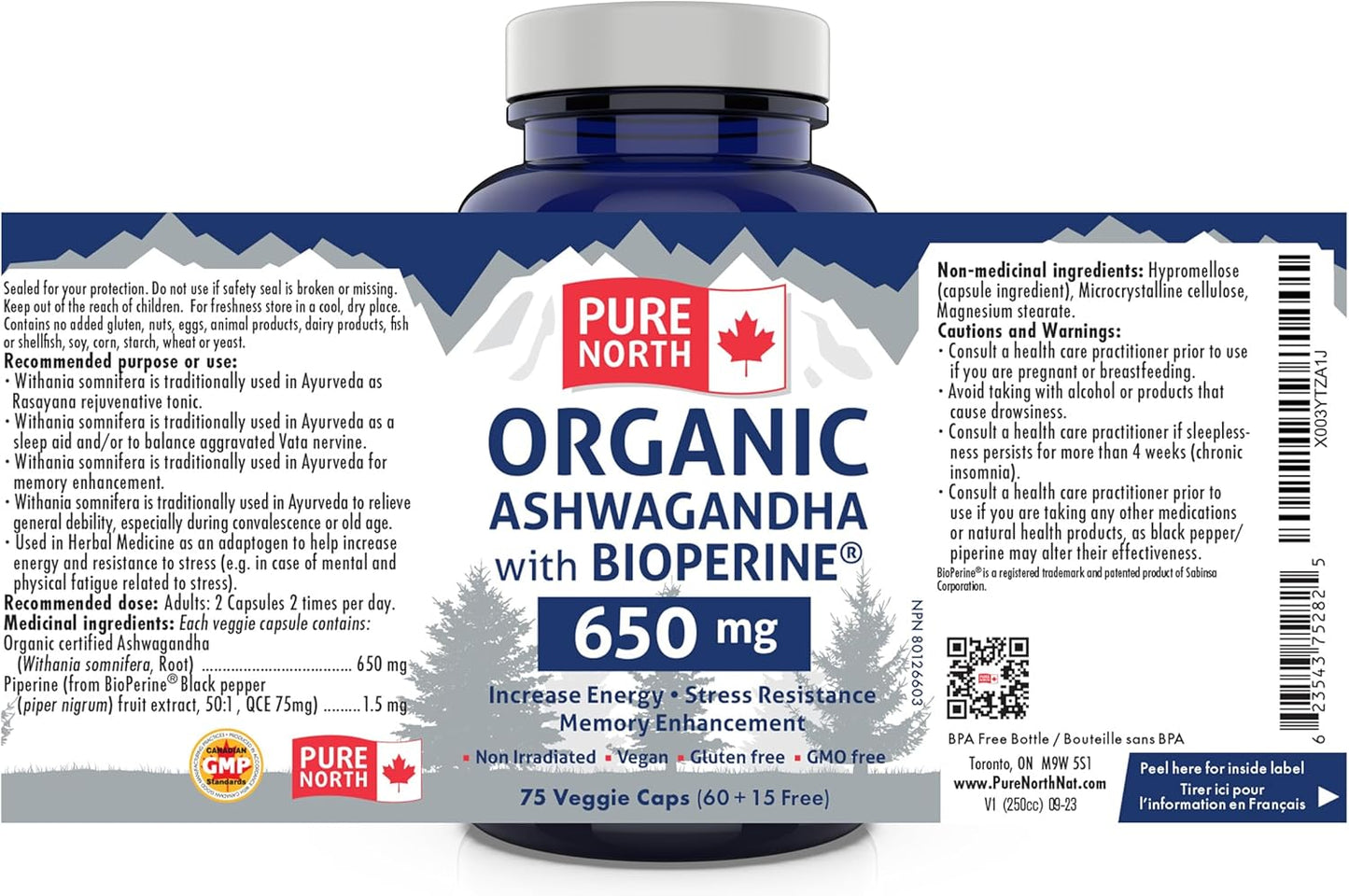 Pure North Naturals - 有機南非醉茄,含 BioPerine,75 粒素食膠囊,18 天用量 - 提高能量、認知功能和記憶力 - 經第三方測試 - 加拿大配製和製造