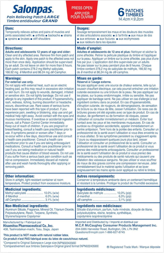 Salonpas Pain Relieving Patch Large, 6 count