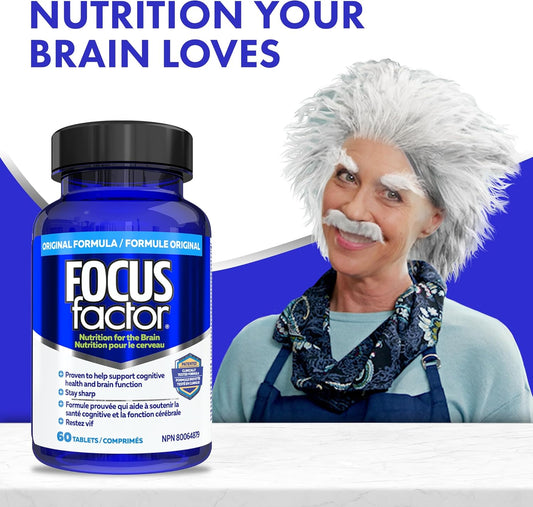 Focus Factor 大腦補充劑和完整複合維生素(60 粒),含鋅、鎂、維生素 B6、B12、D、假馬齒莧和酪氨酸,可改善記憶力、注意力和專注力