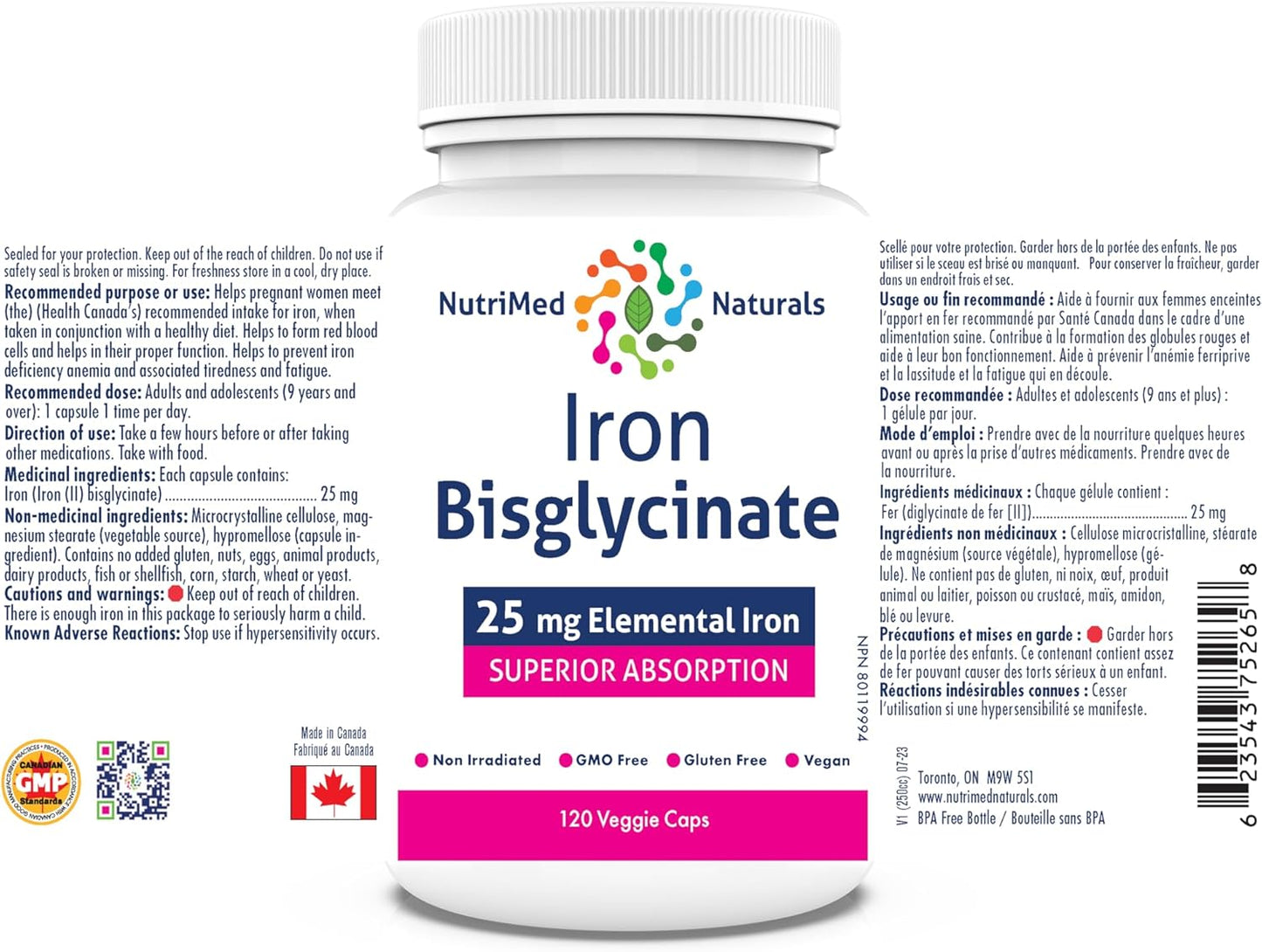 Nutrimed Naturals - 甘氨酸鐵,120 粒素食膠囊,120 天用量 - 25 毫克元素鐵缺乏性貧血和相關疲勞和乏力 - 經第三方測試 - 加拿大配製和製造