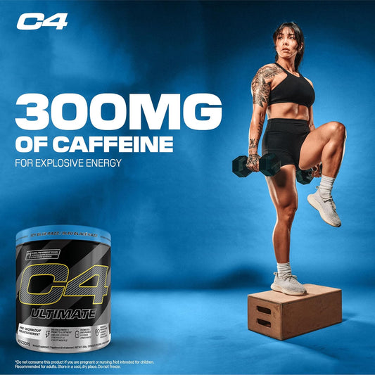Cellucor C4 Ultimate 锻炼前粉 - 无糖锻炼前能量,含 300 毫克咖啡因和肌酸,适合男性和女性 - Icy Blue Razz,20 份