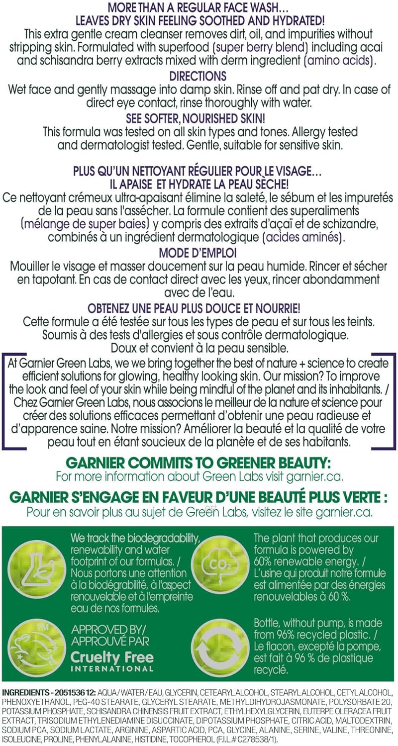 Garnier Green Labs Amino-Berry Soft Gentle Facial Cream Cleanser Hydrates and Soothes Skin, 150 mL